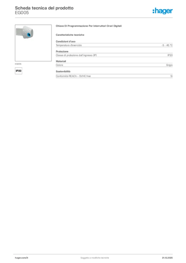 Immagine Hager Scheda tecnica del prodotto EG005 | Hager Italia