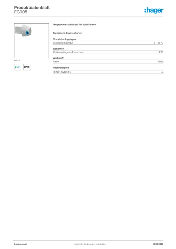 Bild Hager Produktdatenblatt EG005 | Hager Deutschland