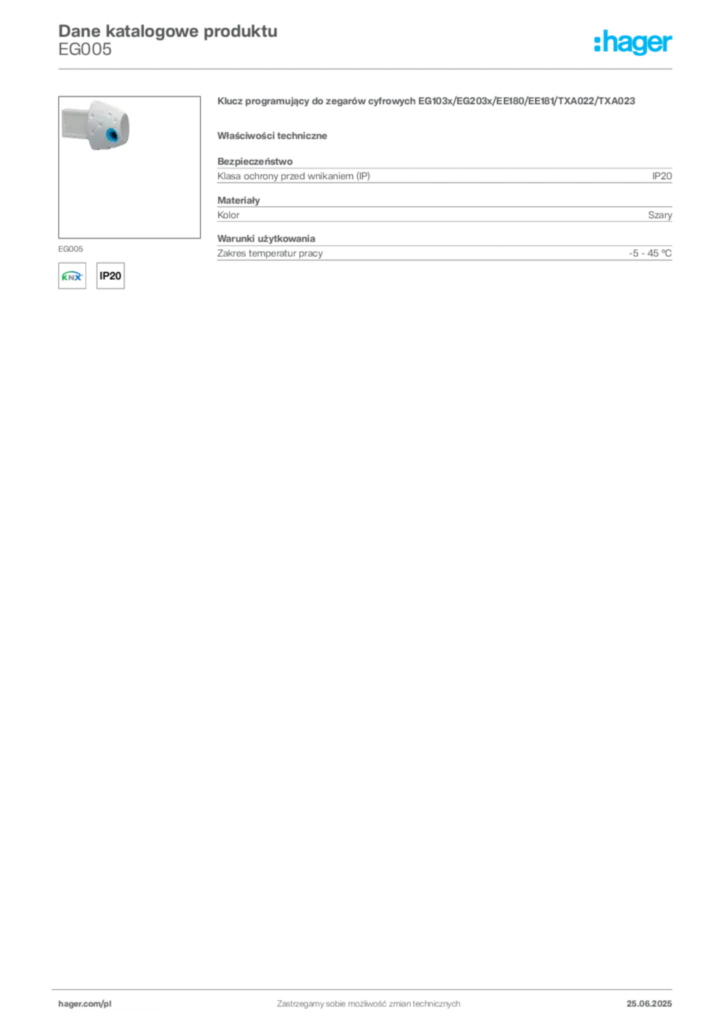 Zdjęcie Hager Dane katalogowe produktu EG005 | Hager Polska