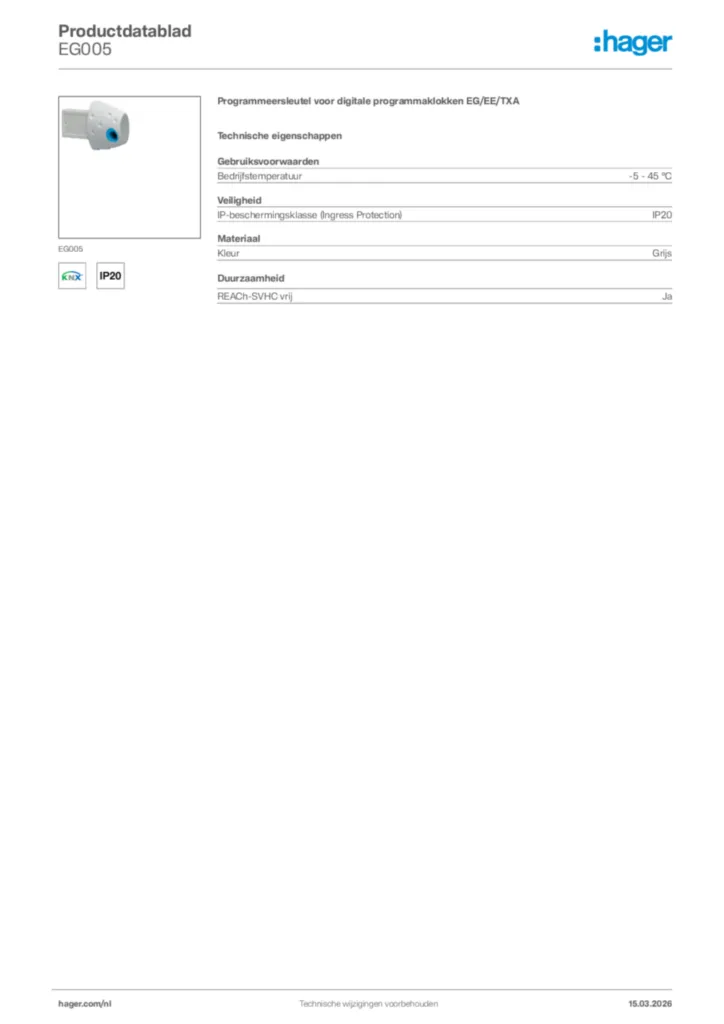 Afbeelding Hager Productdatablad EG005 | Hager Nederland