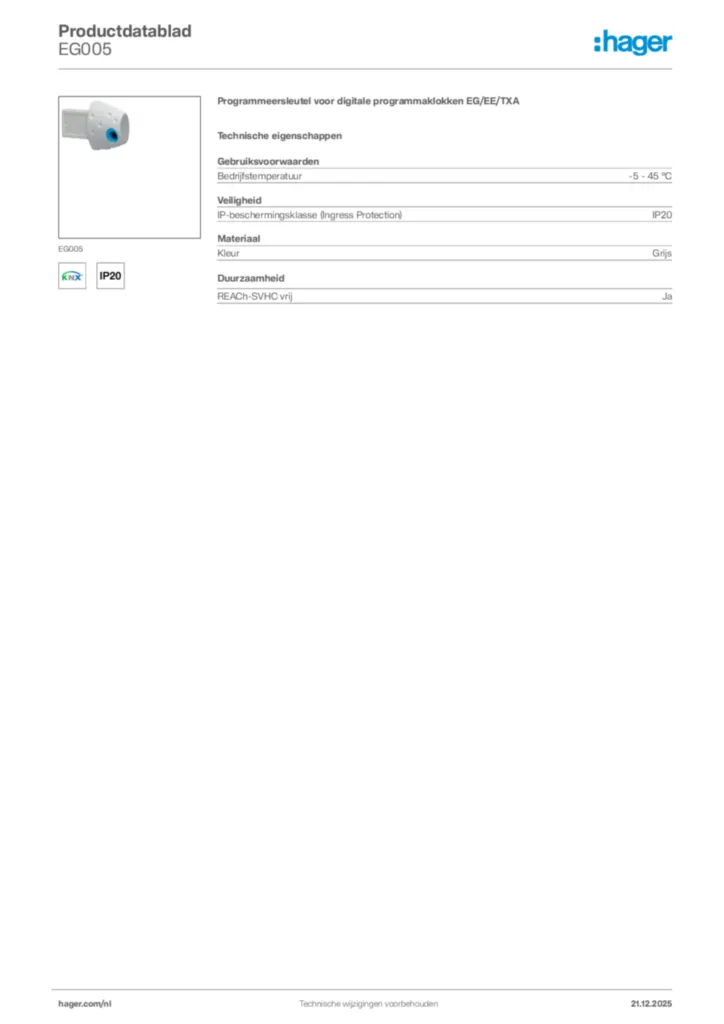 Afbeelding Hager Productdatablad EG005 | Hager Nederland