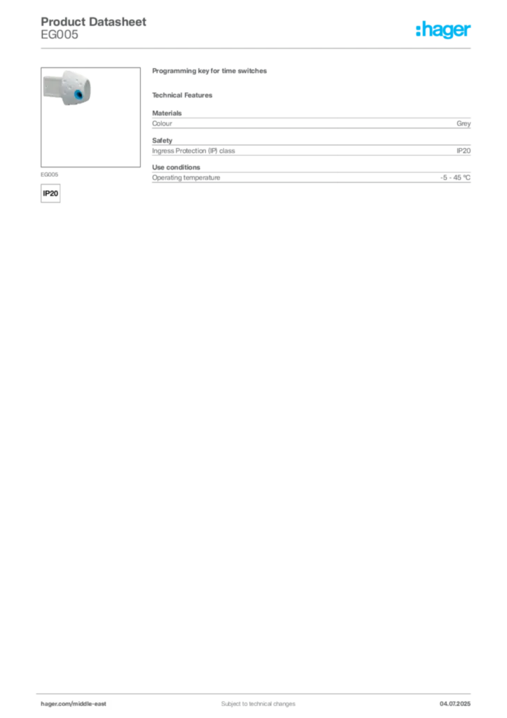 Image Hager Product data sheet EG005  | Hager