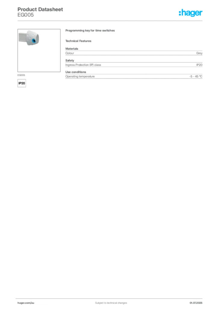 Image Hager Product data sheet EG005  | Hager Australia