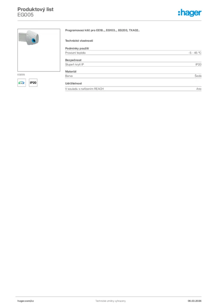 Obrázek Hager Product data sheet EG005 | Hager