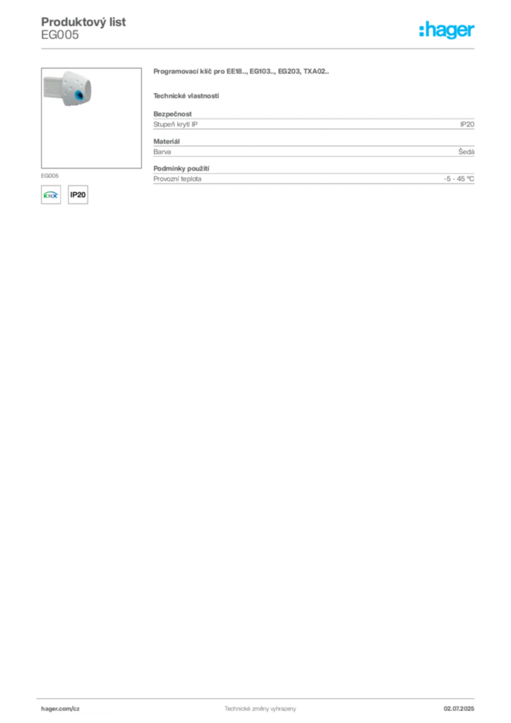 Obrázek Hager Produktový list EG005 | Hager