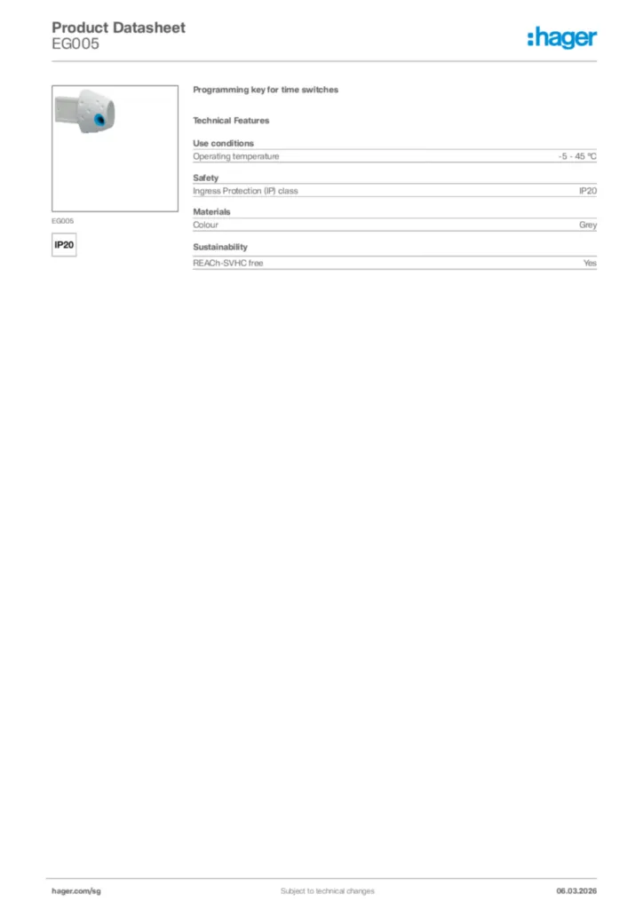 Image Hager Product data sheet EG005  | Hager