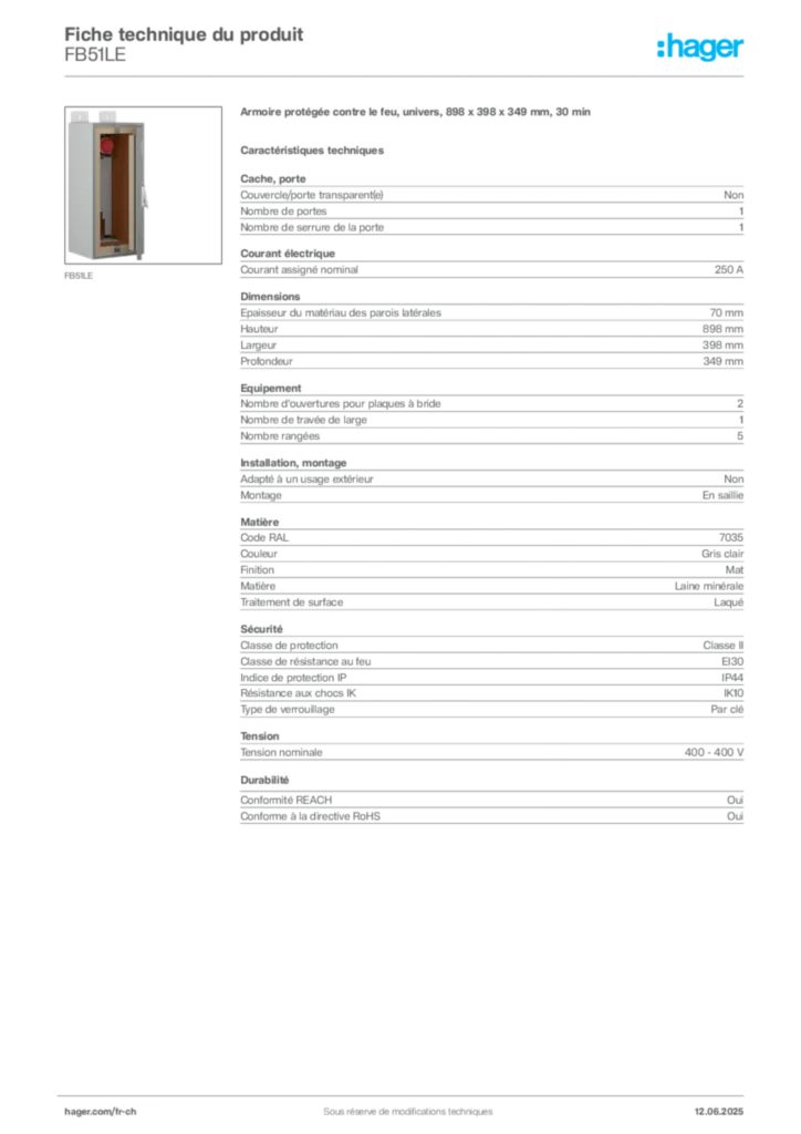 Image Hager Fiche technique du produit FB51LE | Hager Suisse