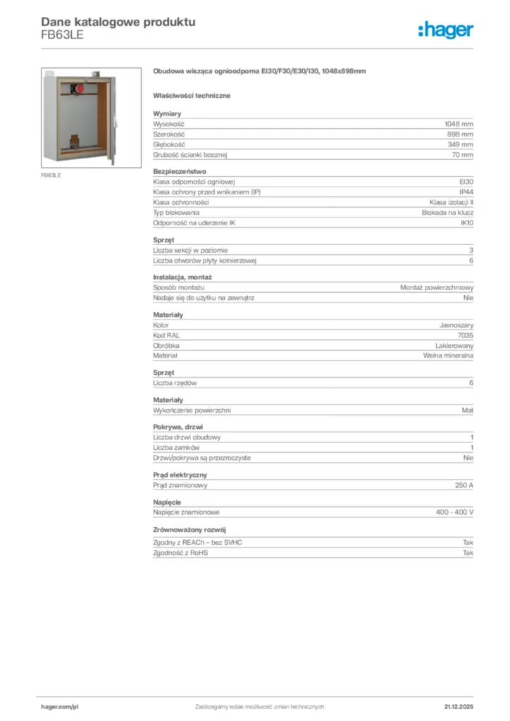 Zdjęcie Hager Dane katalogowe produktu FB63LE | Hager Polska