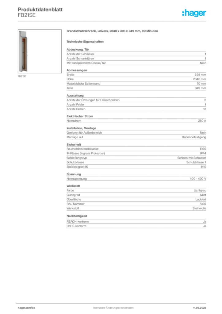 Hager Produktdatenblatt FB21SE
