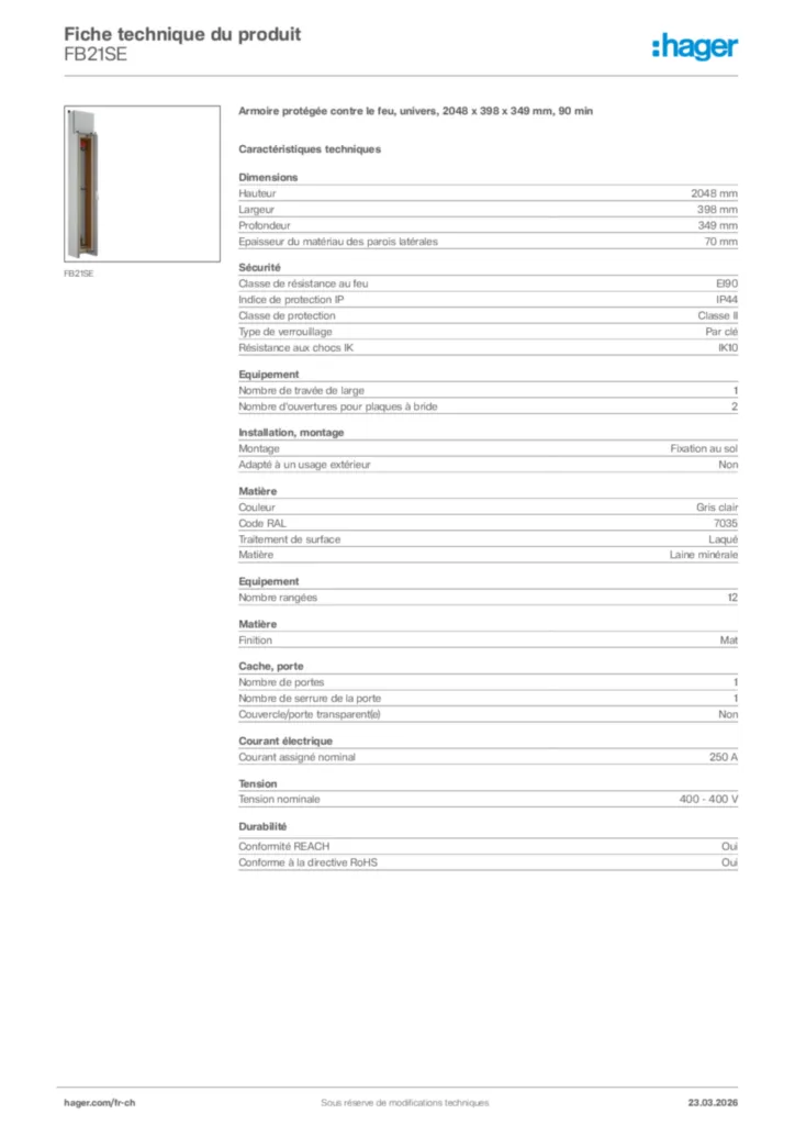 Image Hager Fiche technique du produit FB21SE | Hager Suisse