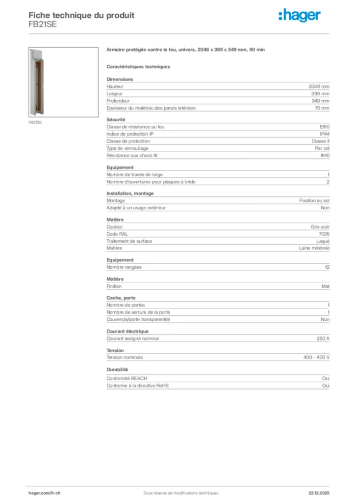 Image Hager Fiche technique du produit FB21SE | Hager Suisse