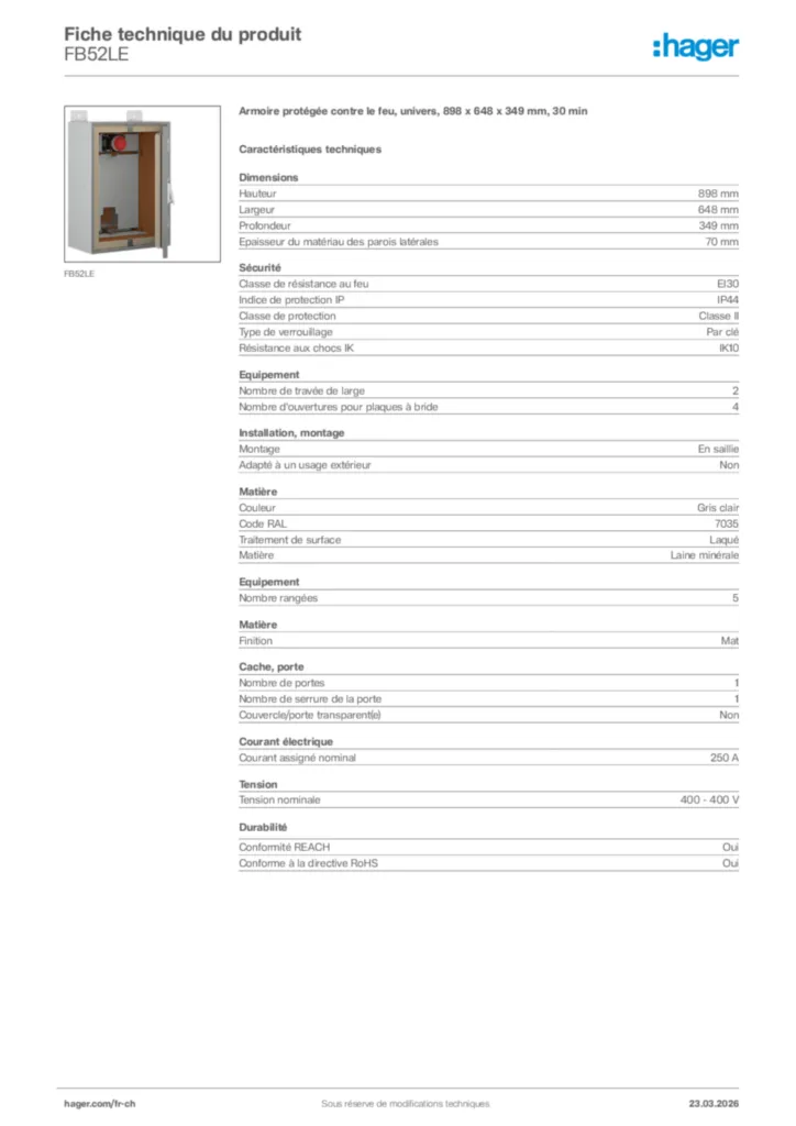 Image Hager Fiche technique du produit FB52LE | Hager Suisse