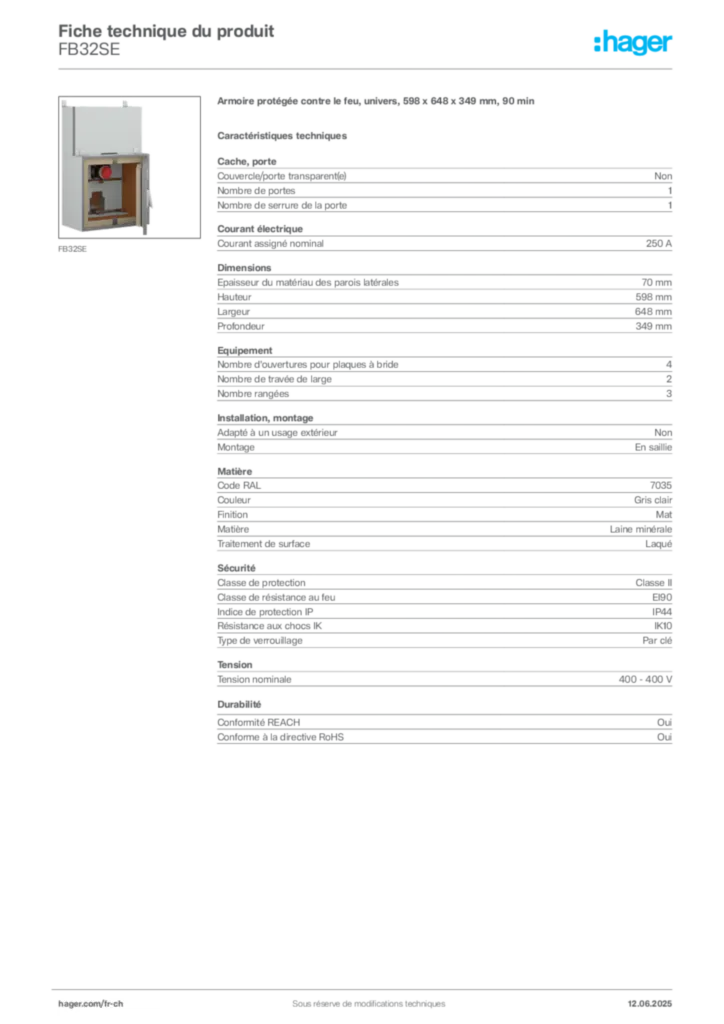 Image Hager Fiche technique du produit FB32SE | Hager Suisse