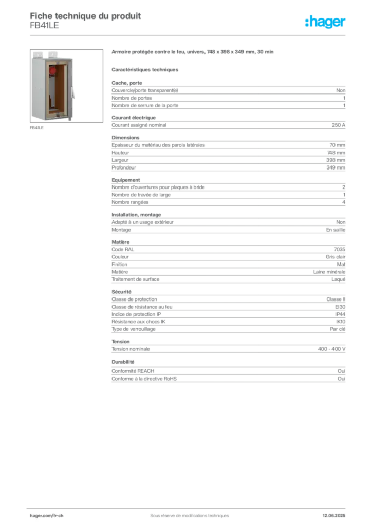 Image Hager Fiche technique du produit FB41LE | Hager Suisse