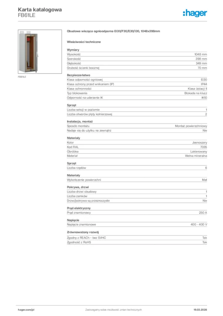 Zdjęcie Hager Karta katalogowa FB61LE | Hager Polska