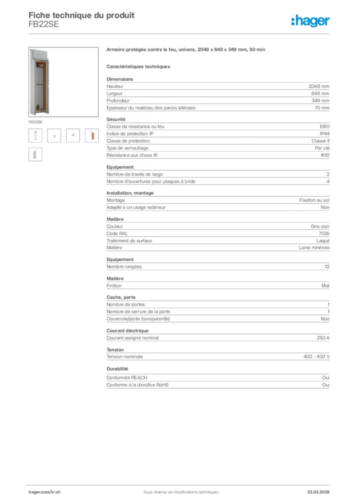 Image Hager Fiche technique du produit FB22SE | Hager Suisse