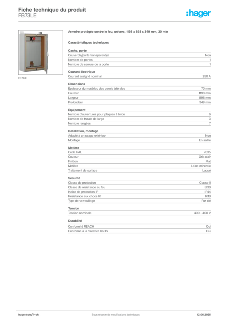 Image Hager Fiche technique du produit FB73LE | Hager Suisse