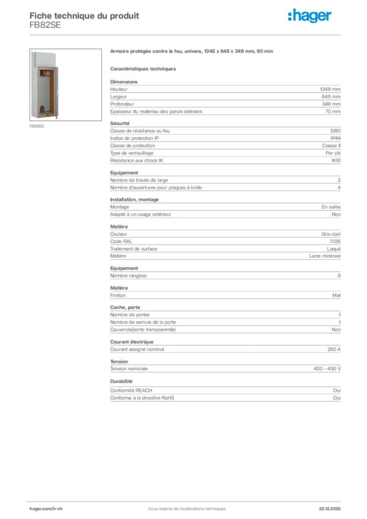 Image Hager Fiche technique du produit FB82SE | Hager Suisse
