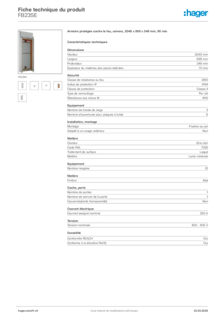 Image Hager Fiche technique du produit FB23SE | Hager Suisse