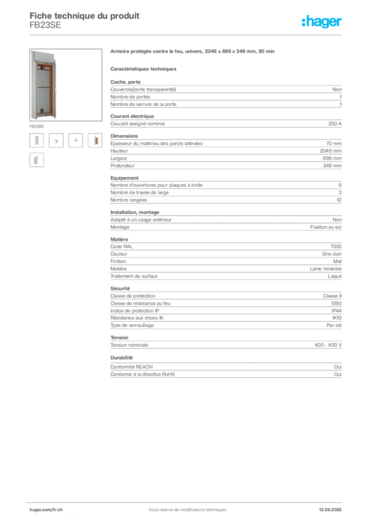 Image Hager Fiche technique du produit FB23SE | Hager Suisse