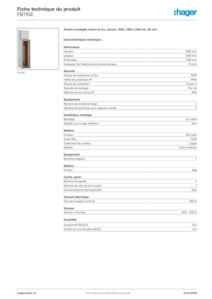 Image Hager Fiche technique du produit FB71SE | Hager Suisse