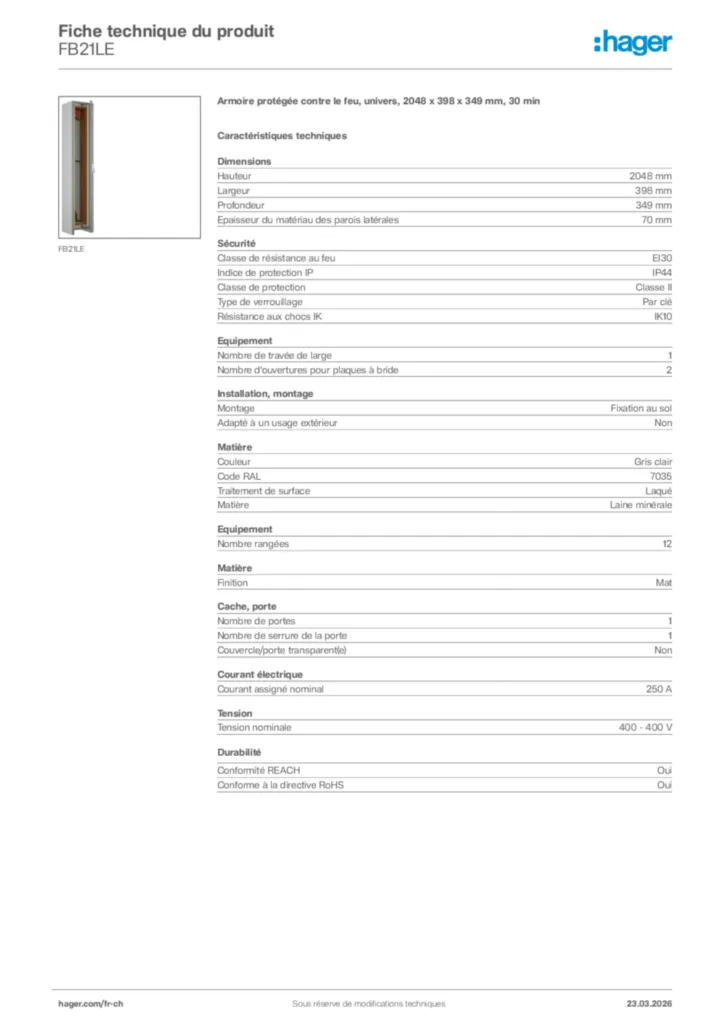 Image Hager Fiche technique du produit FB21LE | Hager Suisse