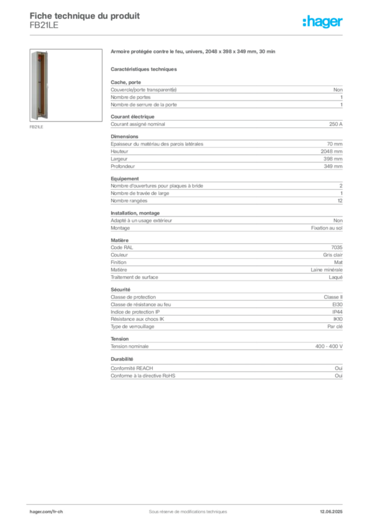 Image Hager Fiche technique du produit FB21LE | Hager Suisse