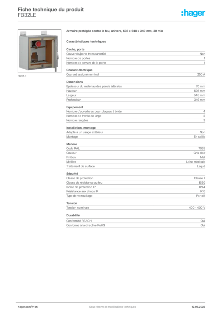 Image Hager Fiche technique du produit FB32LE | Hager Suisse