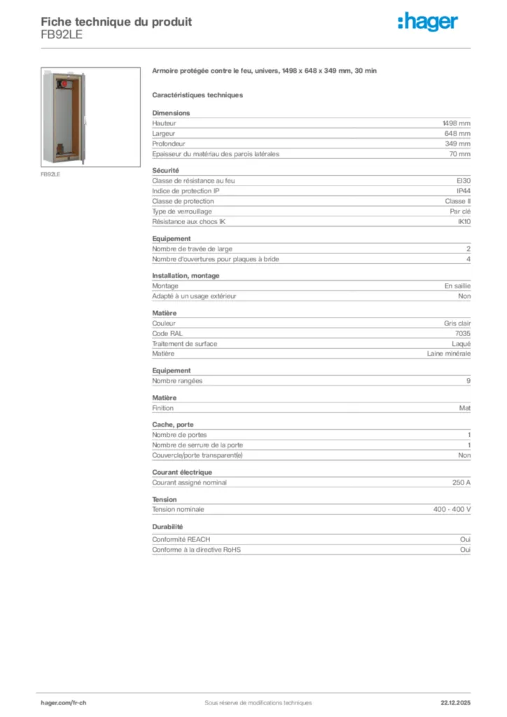 Image Hager Fiche technique du produit FB92LE | Hager Suisse