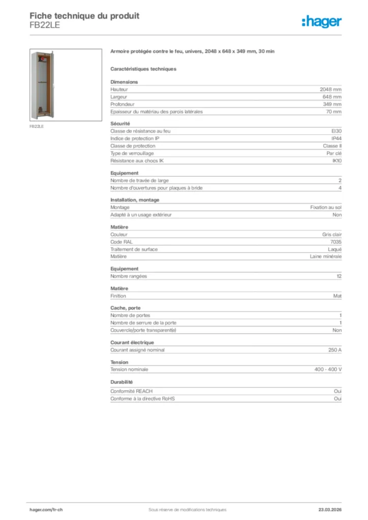 Image Hager Fiche technique du produit FB22LE | Hager Suisse