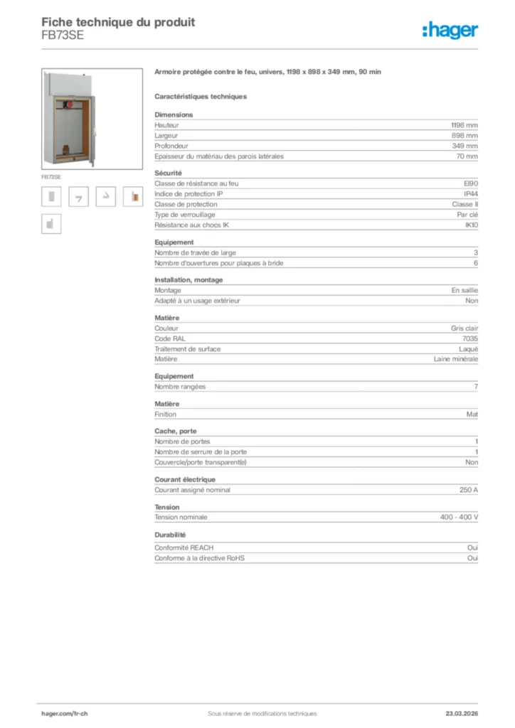 Image Hager Fiche technique du produit FB73SE | Hager Suisse