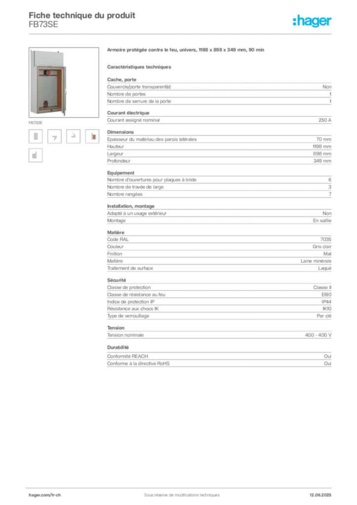 Image Hager Fiche technique du produit FB73SE | Hager Suisse
