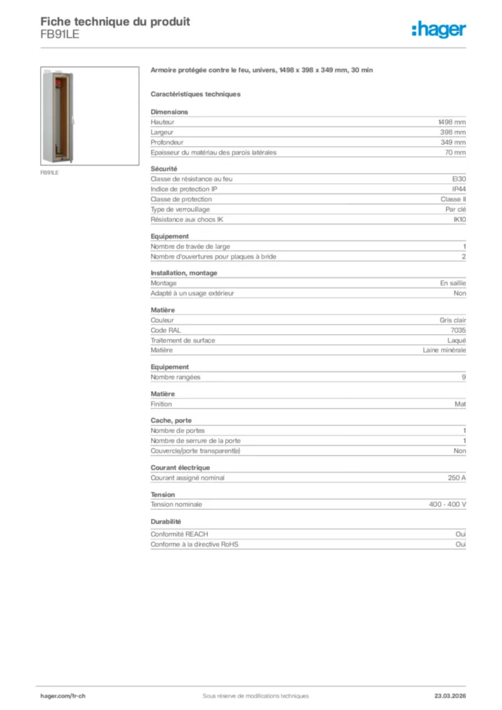 Image Hager Fiche technique du produit FB91LE | Hager Suisse