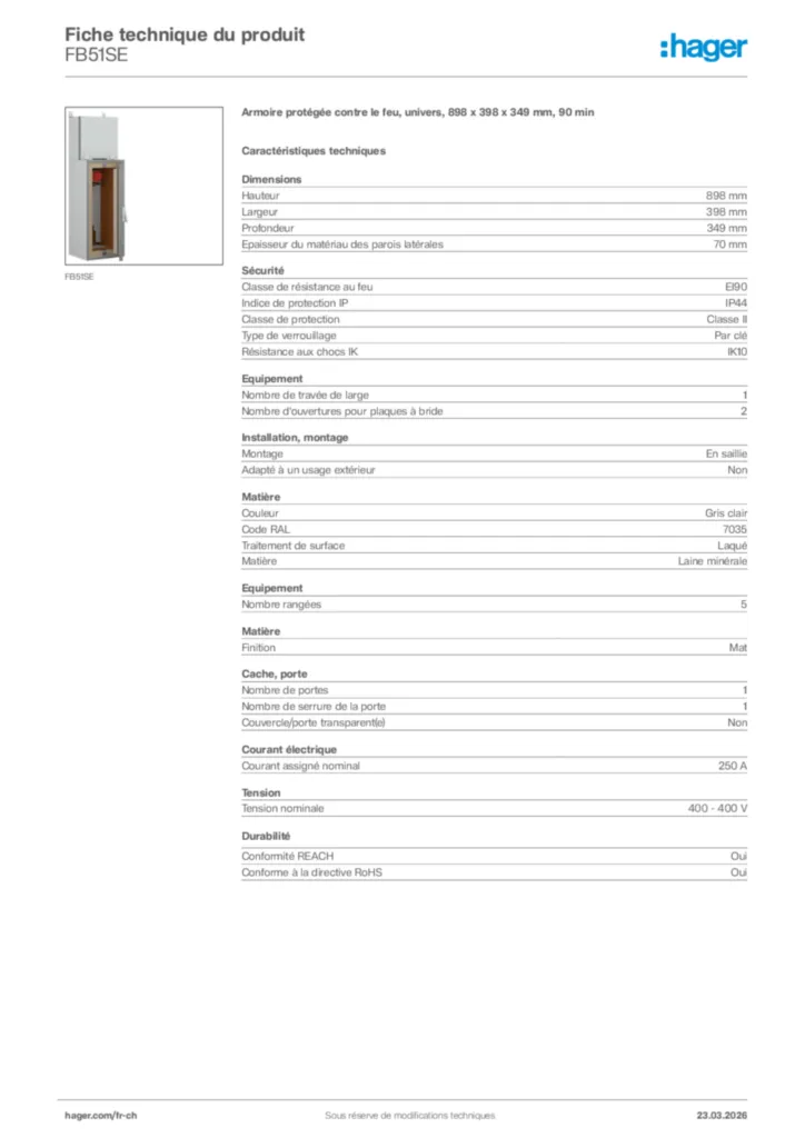 Image Hager Fiche technique du produit FB51SE | Hager Suisse
