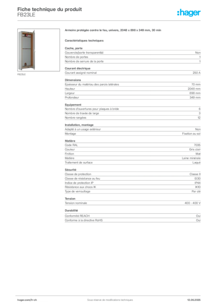 Image Hager Fiche technique du produit FB23LE | Hager Suisse