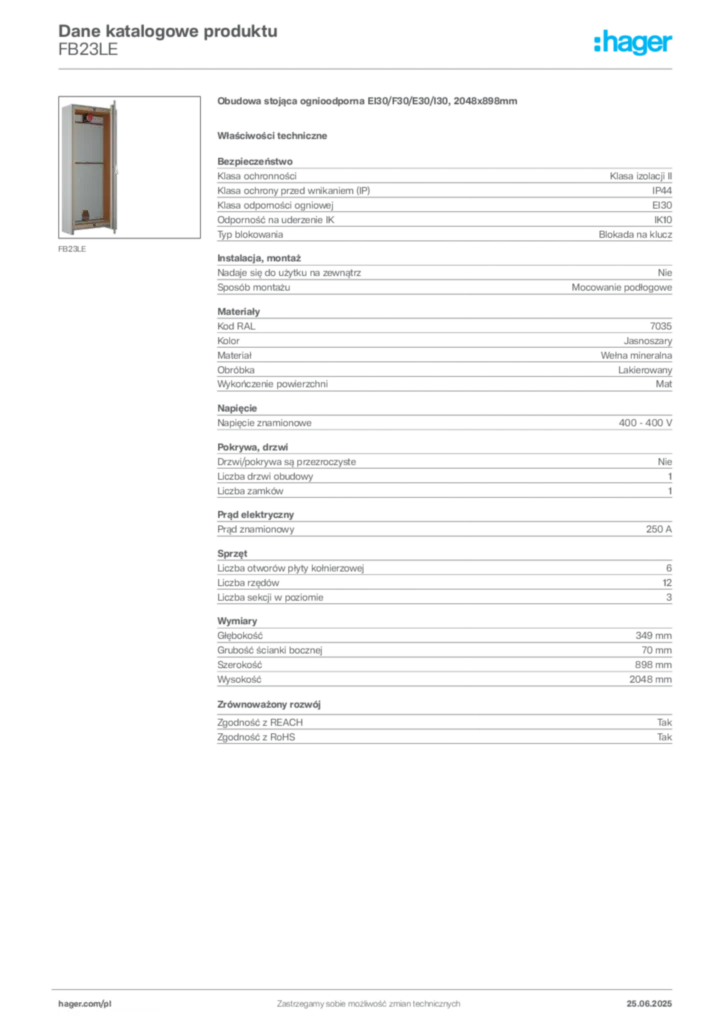 Zdjęcie Hager Dane katalogowe produktu FB23LE | Hager Polska