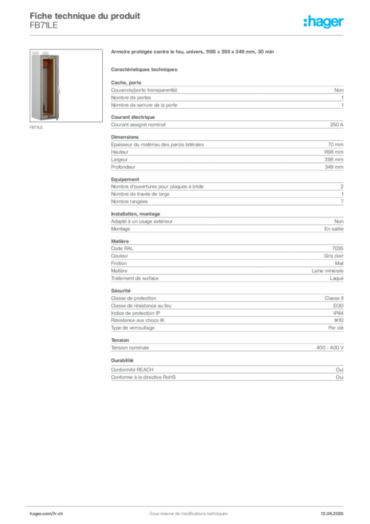 Image Hager Fiche technique du produit FB71LE | Hager Suisse