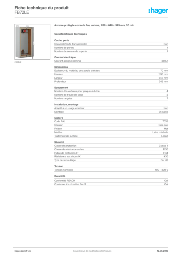 Image Hager Fiche technique du produit FB72LE | Hager Suisse