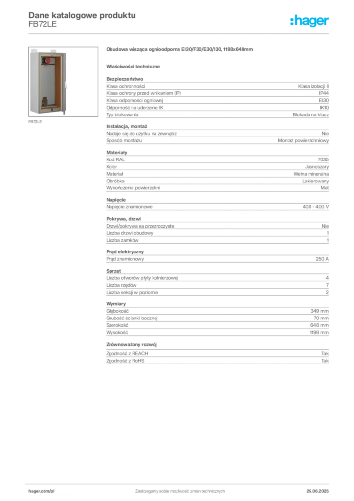 Zdjęcie Hager Dane katalogowe produktu FB72LE | Hager Polska