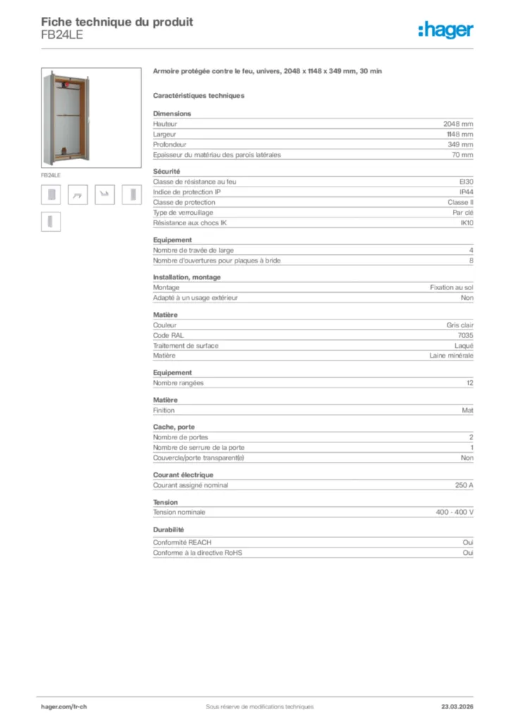 Image Hager Fiche technique du produit FB24LE | Hager Suisse