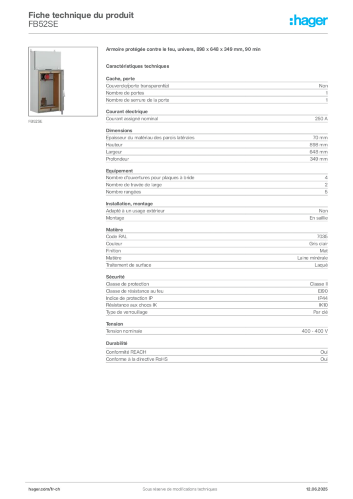 Image Hager Fiche technique du produit FB52SE | Hager Suisse