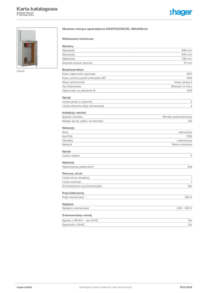 Zdjęcie Hager Karta katalogowa FB52SE | Hager Polska