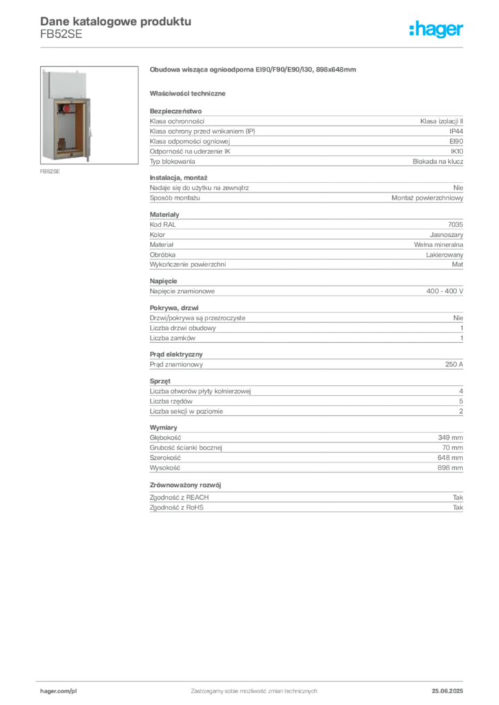Zdjęcie Hager Dane katalogowe produktu FB52SE | Hager Polska
