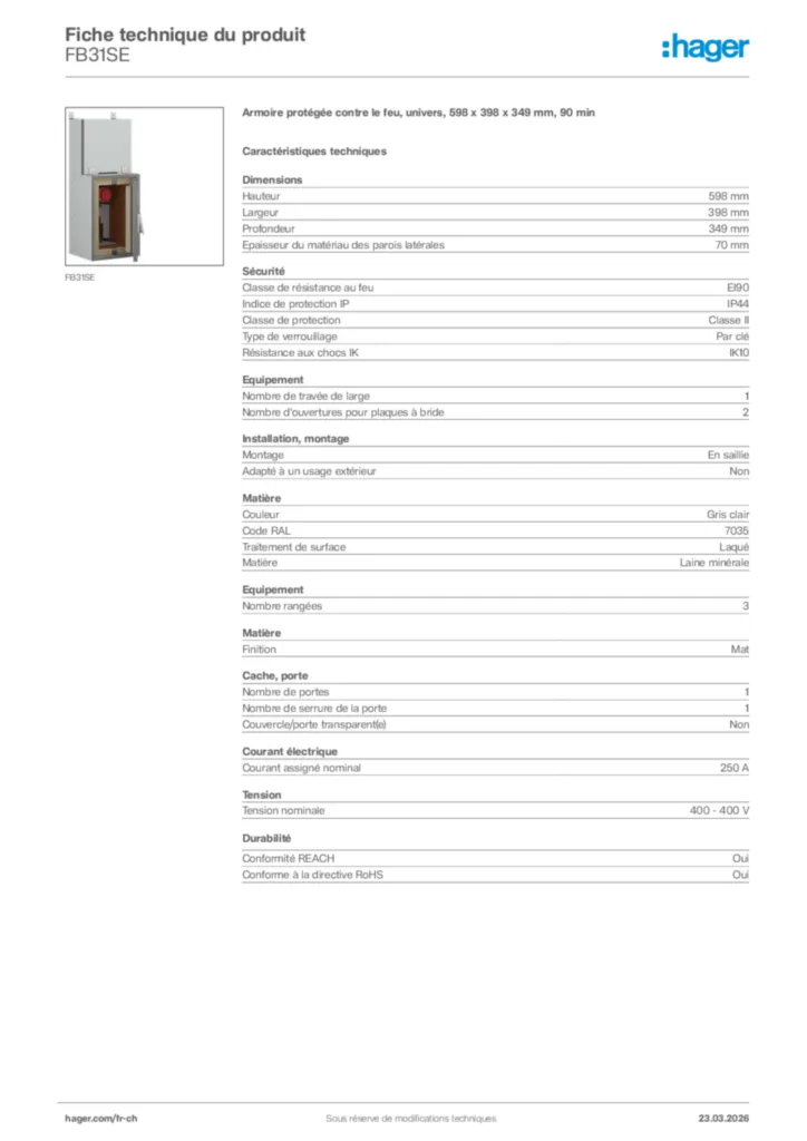 Image Hager Fiche technique du produit FB31SE | Hager Suisse