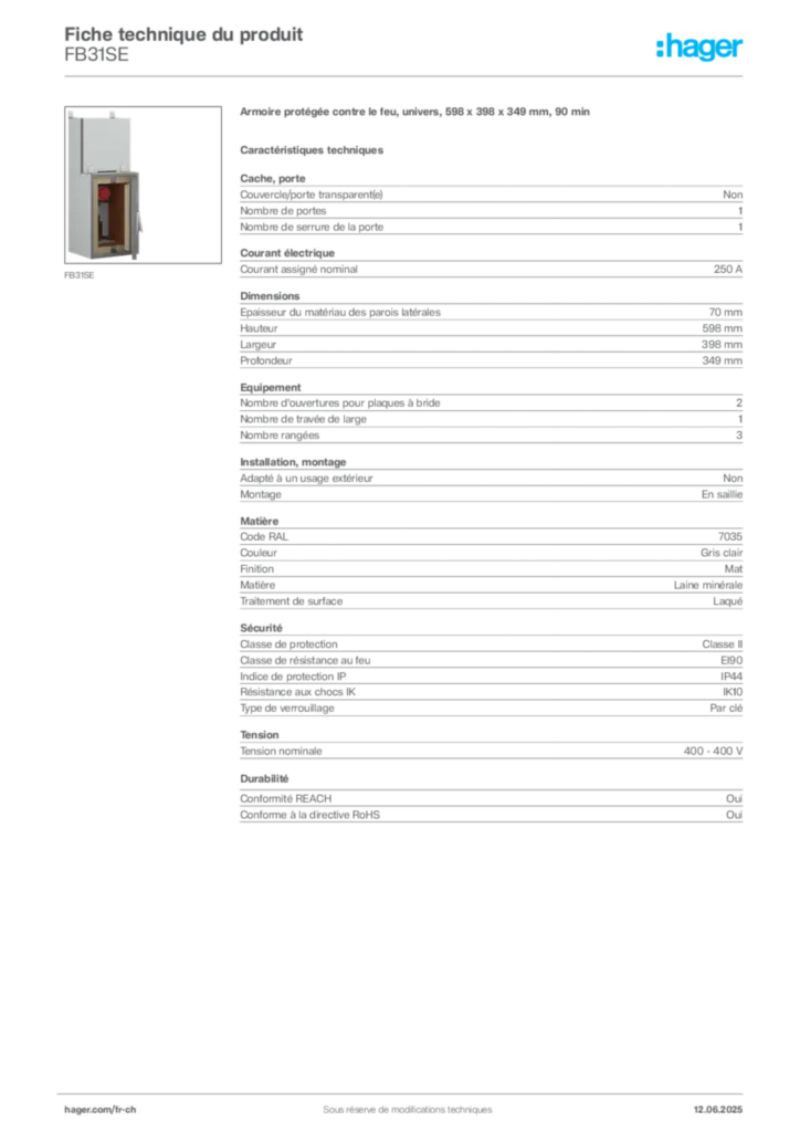 Image Hager Fiche technique du produit FB31SE | Hager Suisse