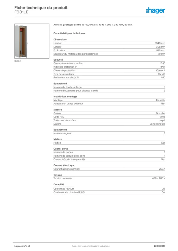 Image Hager Fiche technique du produit FB81LE | Hager Suisse