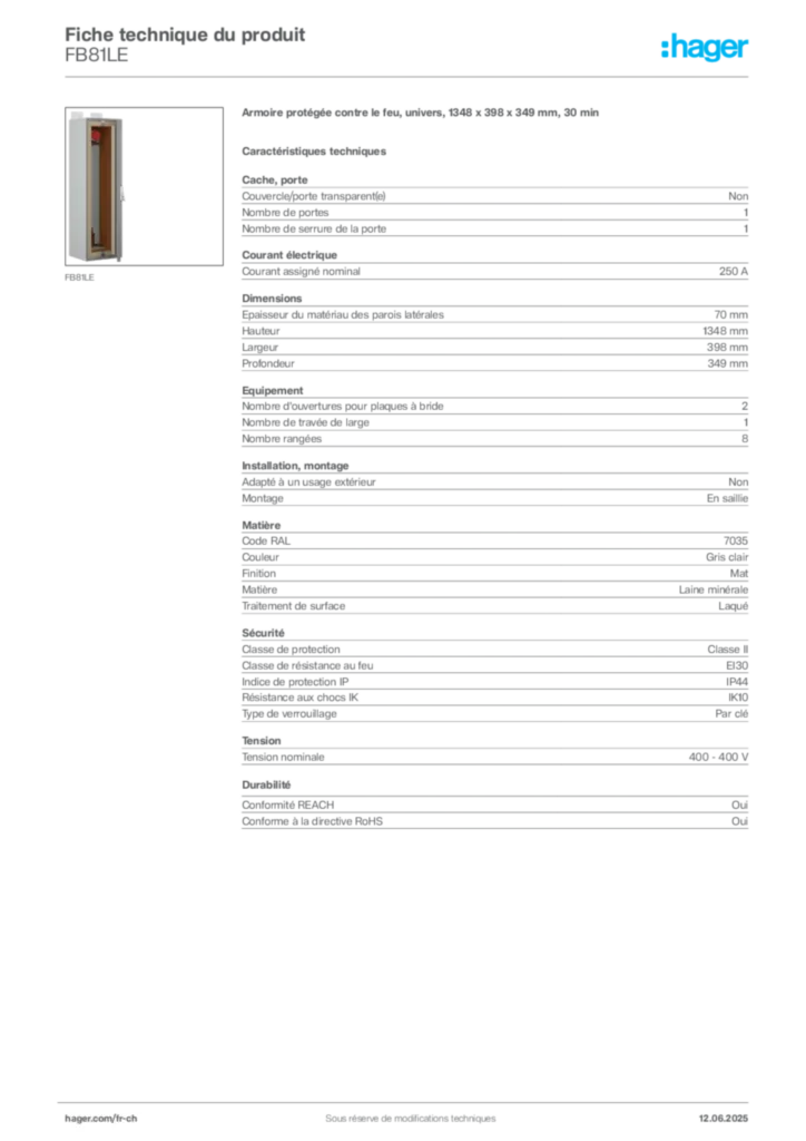 Image Hager Fiche technique du produit FB81LE | Hager Suisse