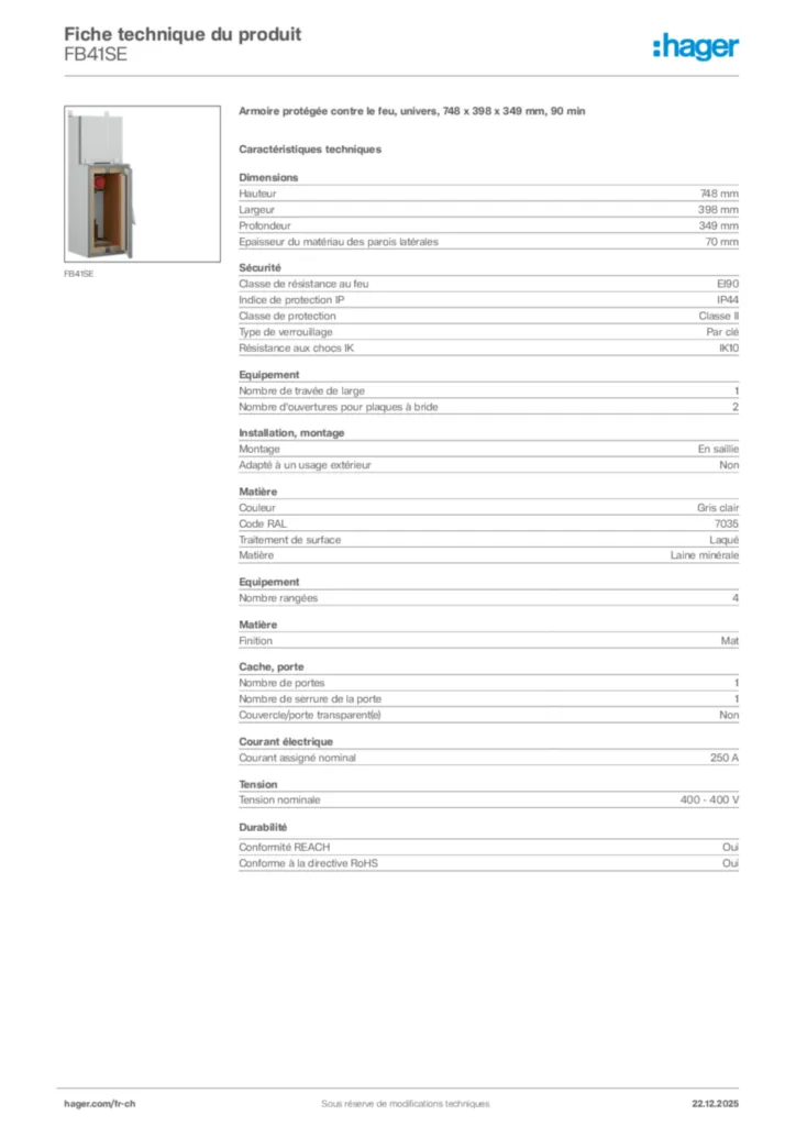 Image Hager Fiche technique du produit FB41SE | Hager Suisse