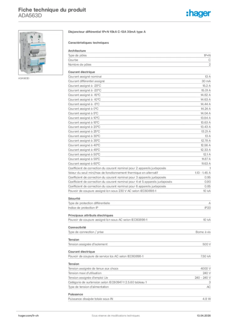 Image Hager Fiche technique du produit ADA563D | Hager Suisse