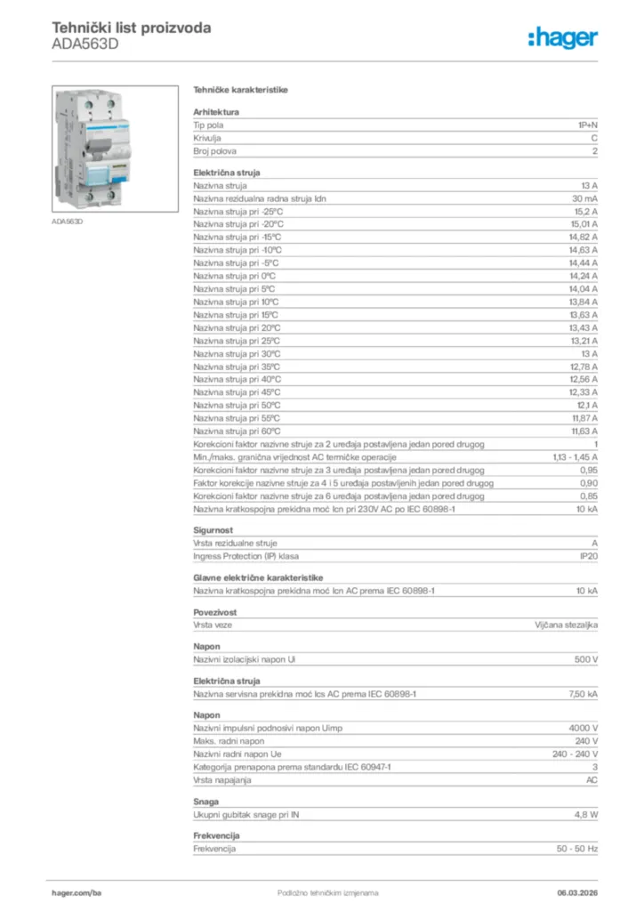 Slika Hager Tehnički list proizvoda ADA563D  | Hager